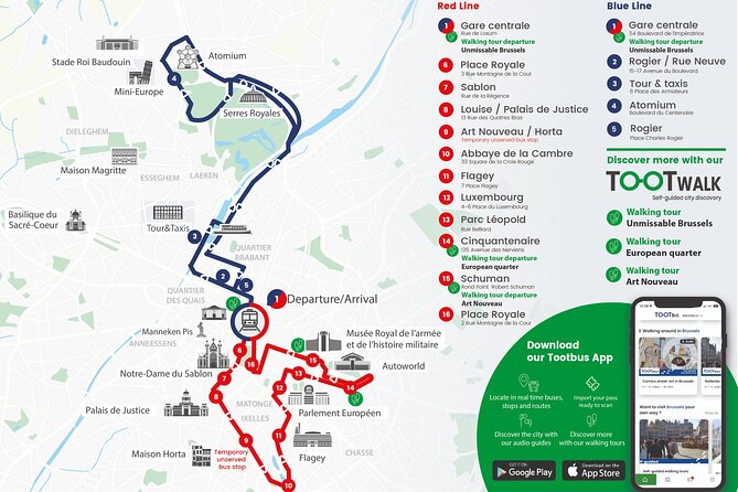 Brussels Tootbus Discovery Hop On Hop Off Bus and walking tours - The second route to Atomium and Mini-Europe