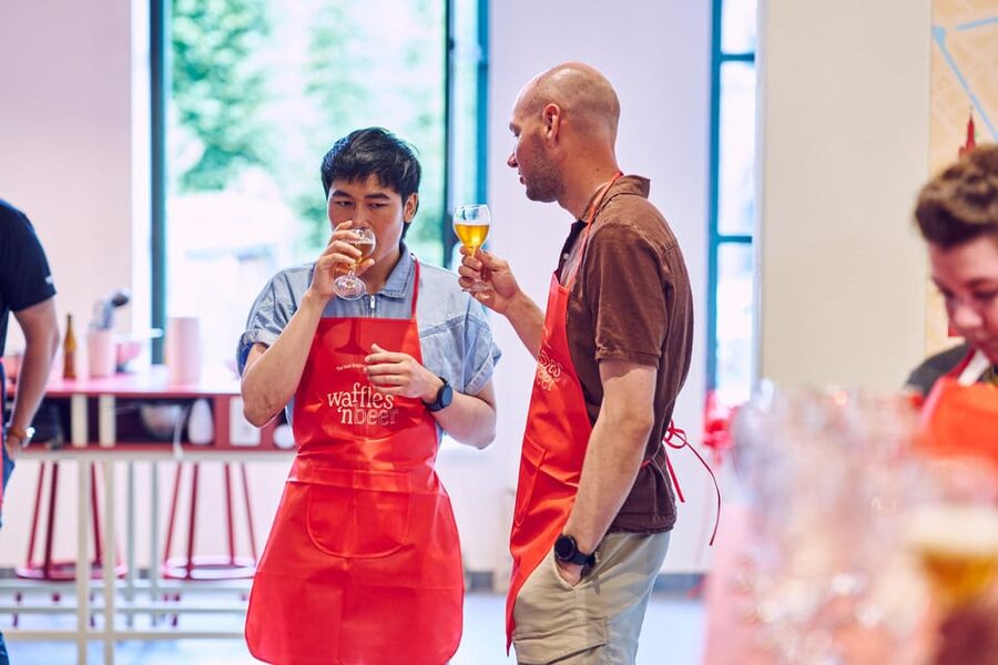 Ghent: Belgian Waffle-Making Workshop with Beer Tasting - Decorating with chocolate and speculoos